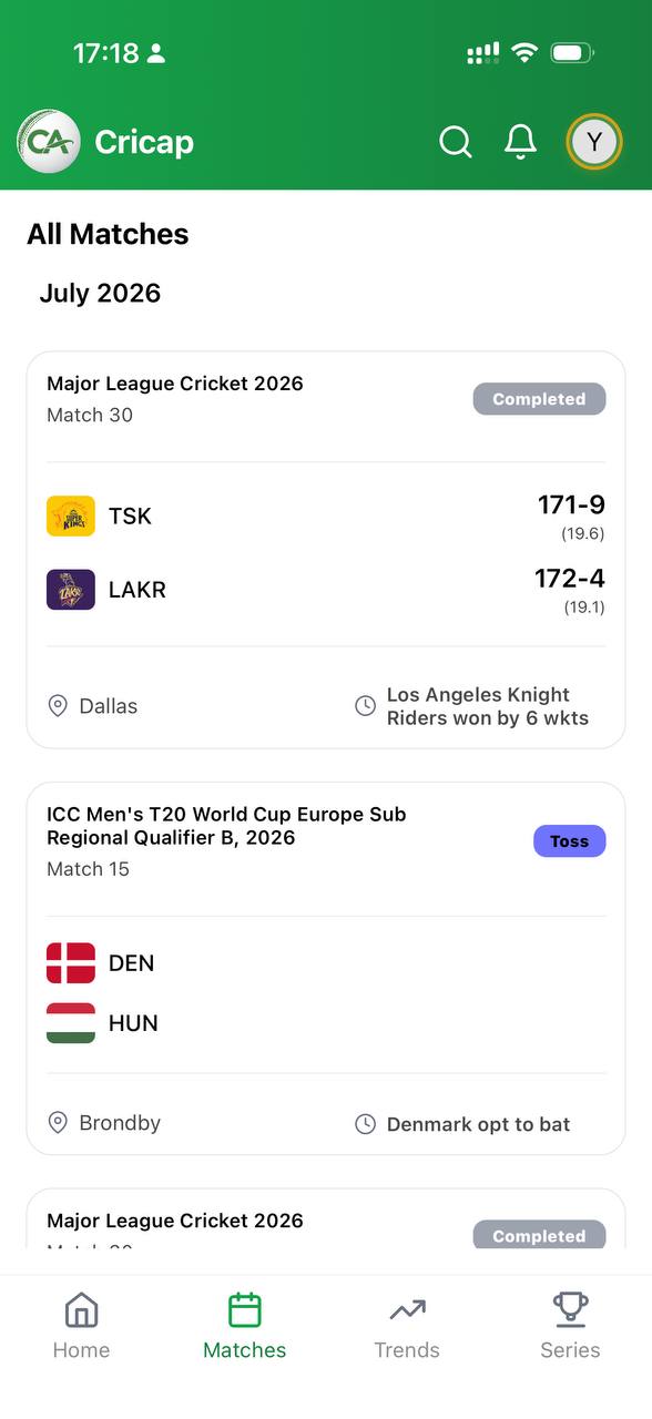 Cricap all matches screen with current cricket fixtures