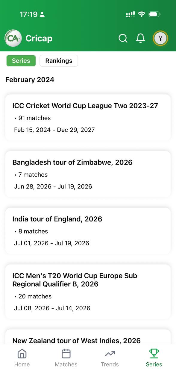 Cricap cricket series and tournament schedule