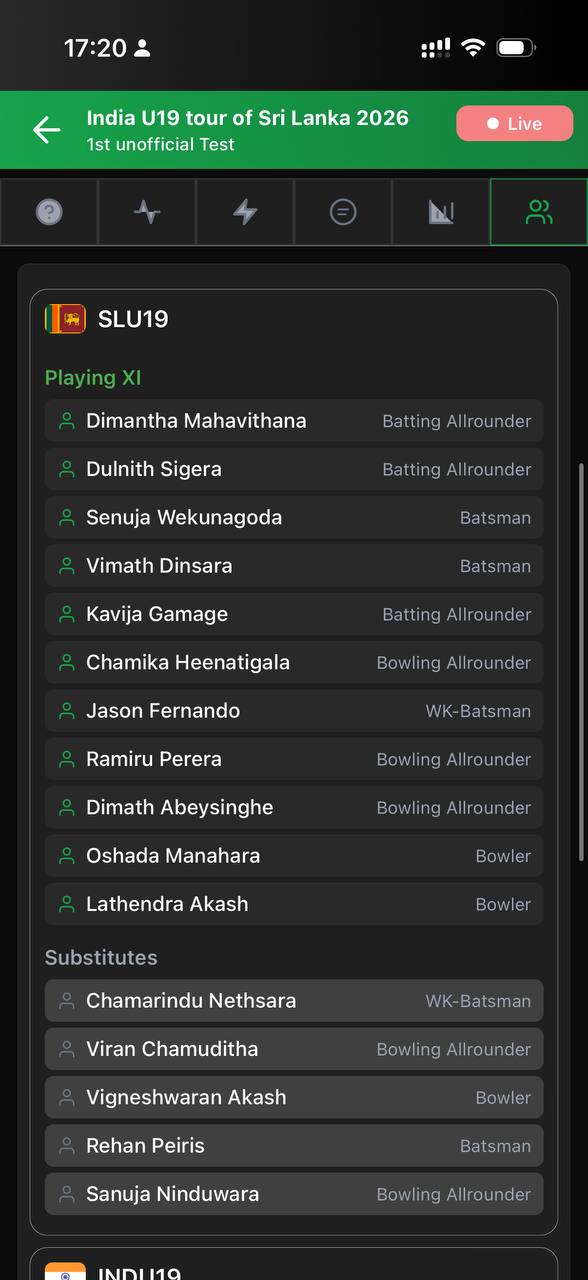 Cricap live match team lineup screen