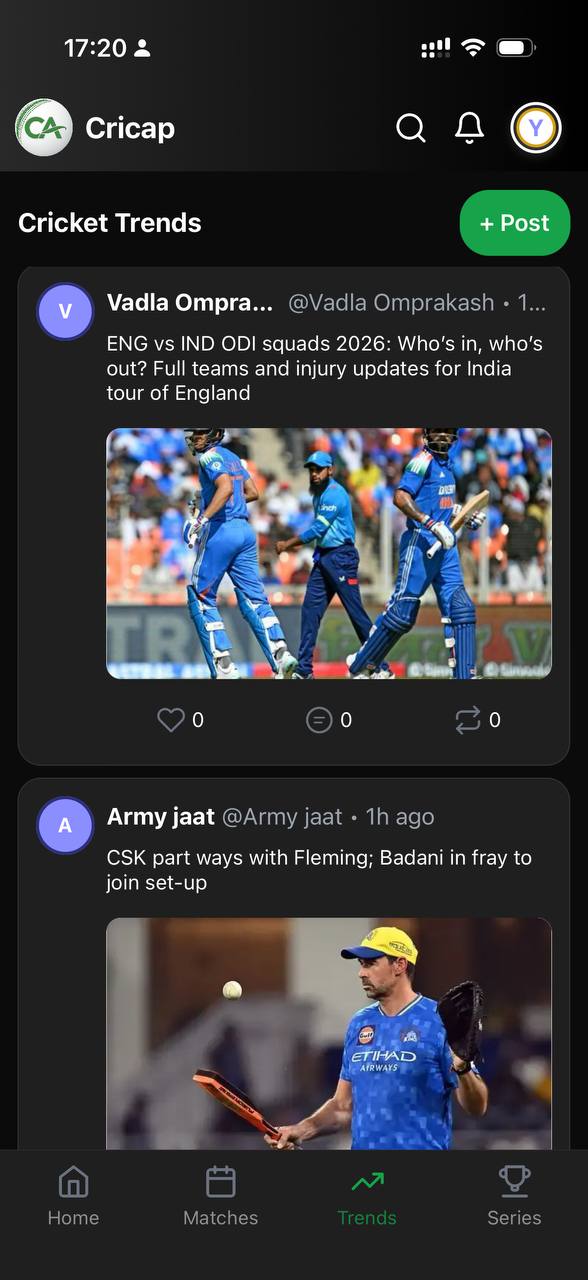 Cricap dark mode cricket trends feed